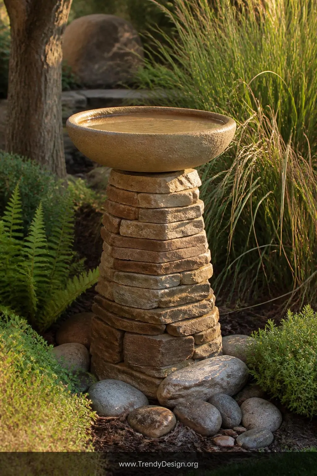 Stacked stone concrete bird bath with rugged faux-stone pedestal in warm tan and brown tones topped with a smooth textured basin, rustic woodland garden setting, naturalistic style, surrounded by wild ferns and ornamental grasses with actual river stones arranged at the base, golden afternoon side lighting, medium wide shot.