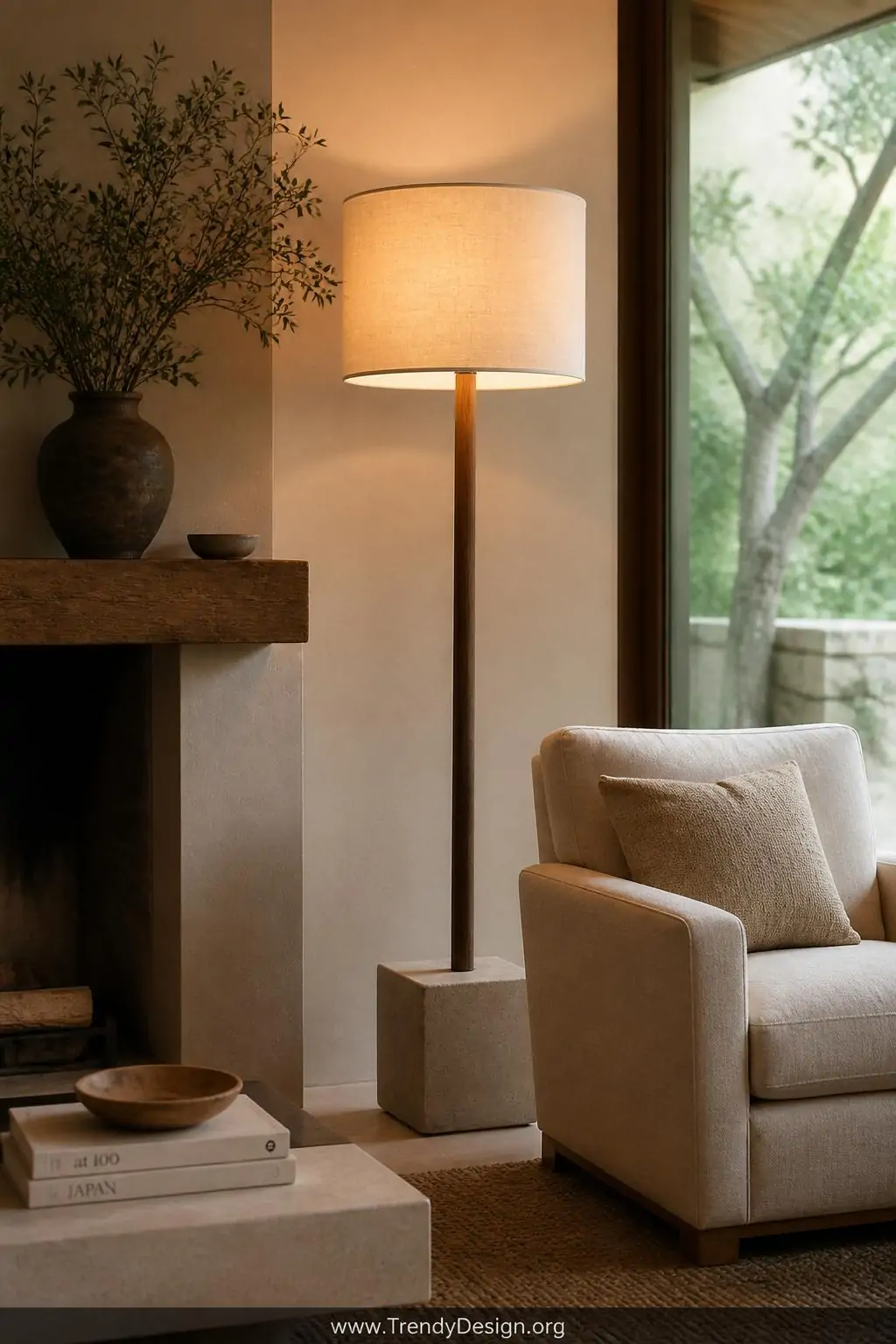 Thick square concrete base floor lamp with a slim walnut pole and cream drum shade standing in a living room corner beside a linen armchair, warm ambient light, earthy tones, organic modern style, wide shot, photorealistic interior design.