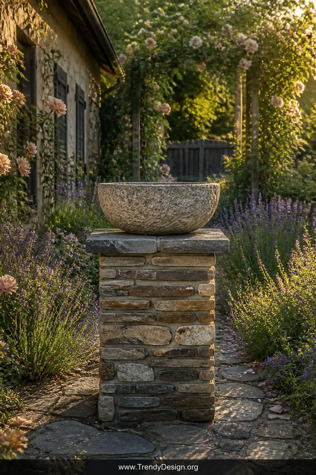 Stacked fieldstone and slate pedestal topped with a rough concrete basin in a wild cottage garden, varied warm tan and gray stones mortared in alternating joints, surrounded by sprawling lavender and climbing roses in soft pink and purple, wide shot in golden hour light.