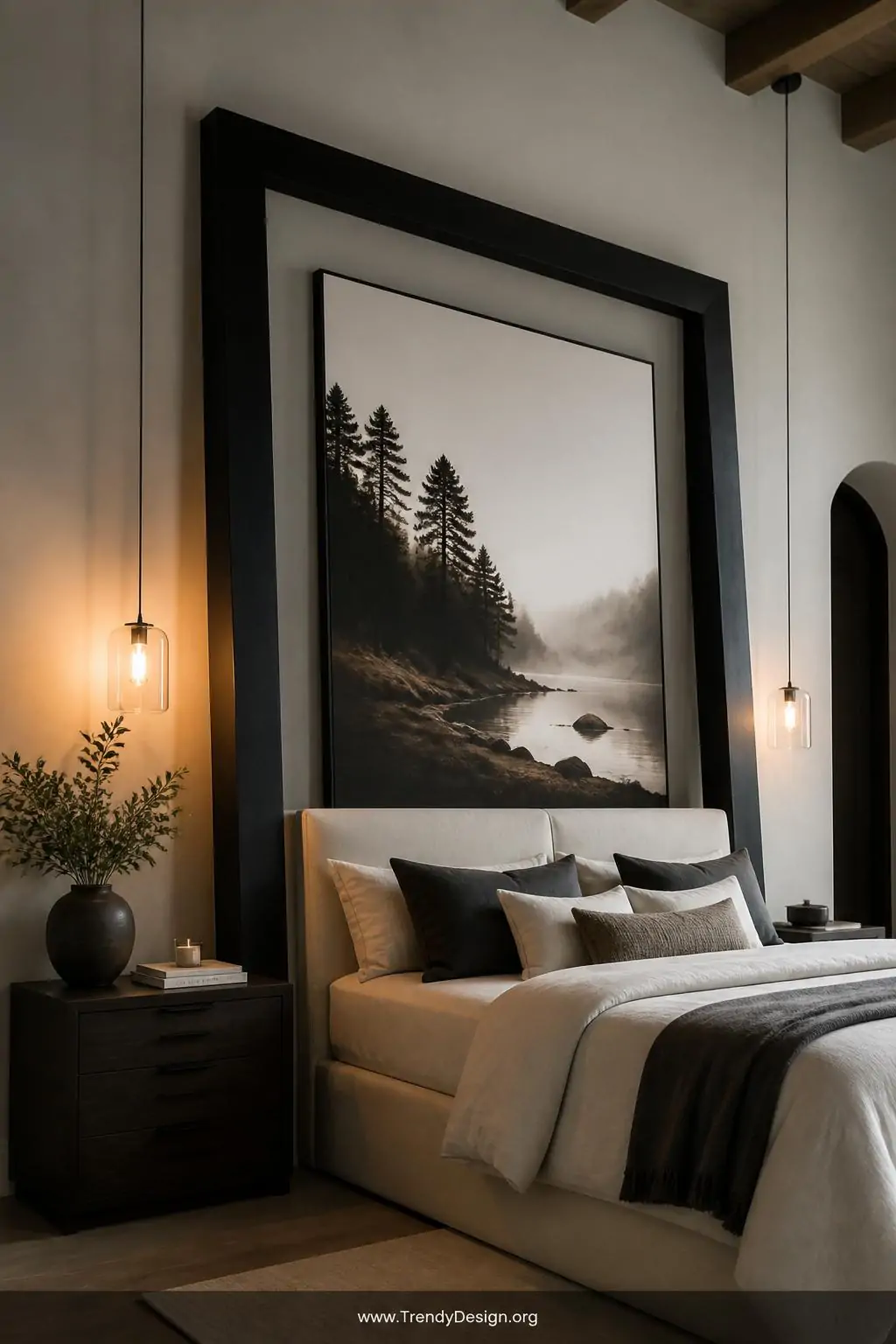 Tall matte black floor-leaning oversized wooden frame crafted from 2x4 lumber resting dramatically against a light gray bedroom wall behind a linen upholstered bed, encasing a large canvas print, warm pendant lighting creating depth and shadow across the bold architectural frame, wide shot showing full floor-to-ceiling scale.