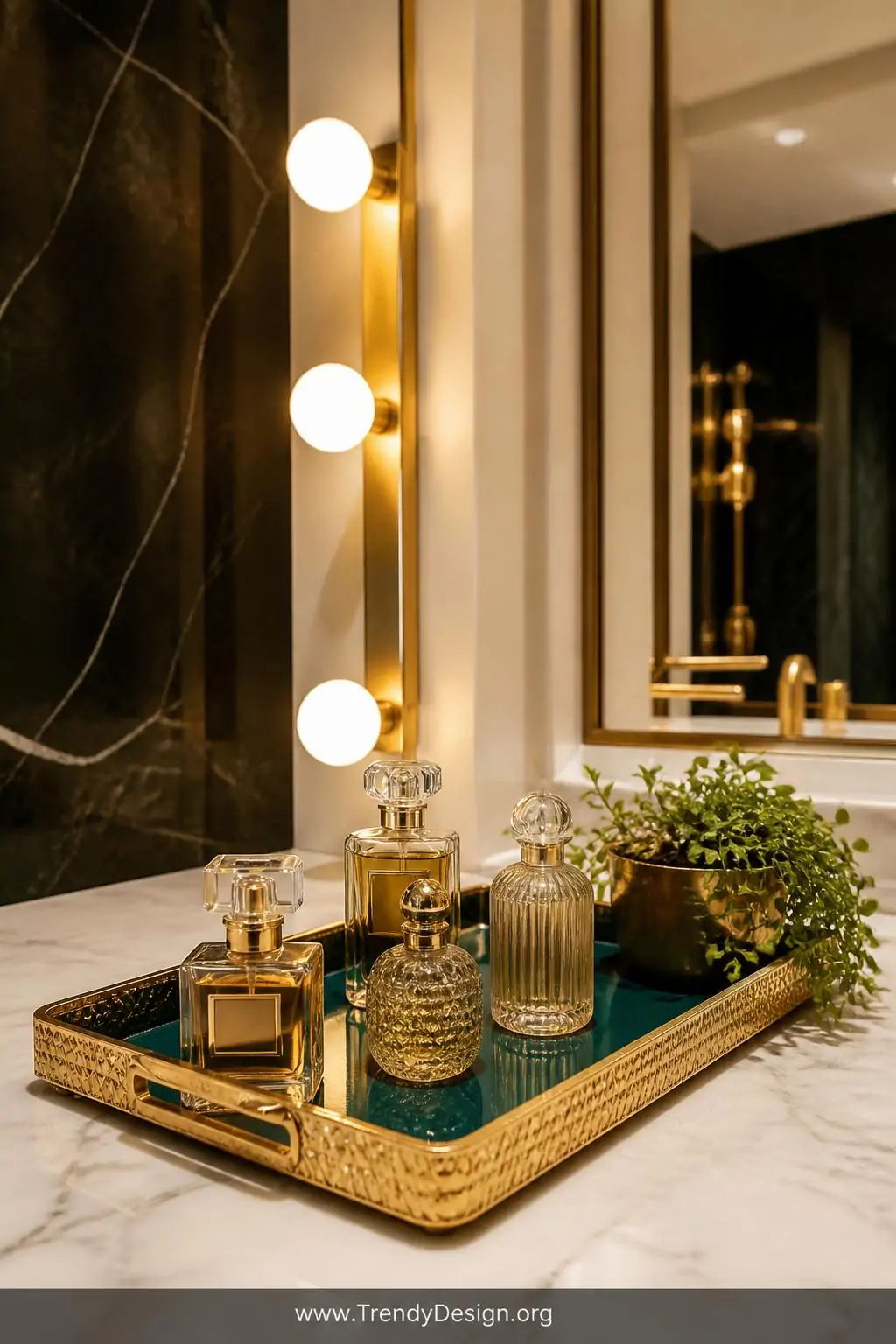 Gold-trimmed vanity tray on a marble bathroom counter in a boutique hotel-style bathroom, deep jewel-toned painted interior reflecting gold leaf rim edges beside clustered perfume bottles and a small trailing plant, warm vanity bulb lighting casting a glamorous glow, closeup shot, photorealistic interior design.