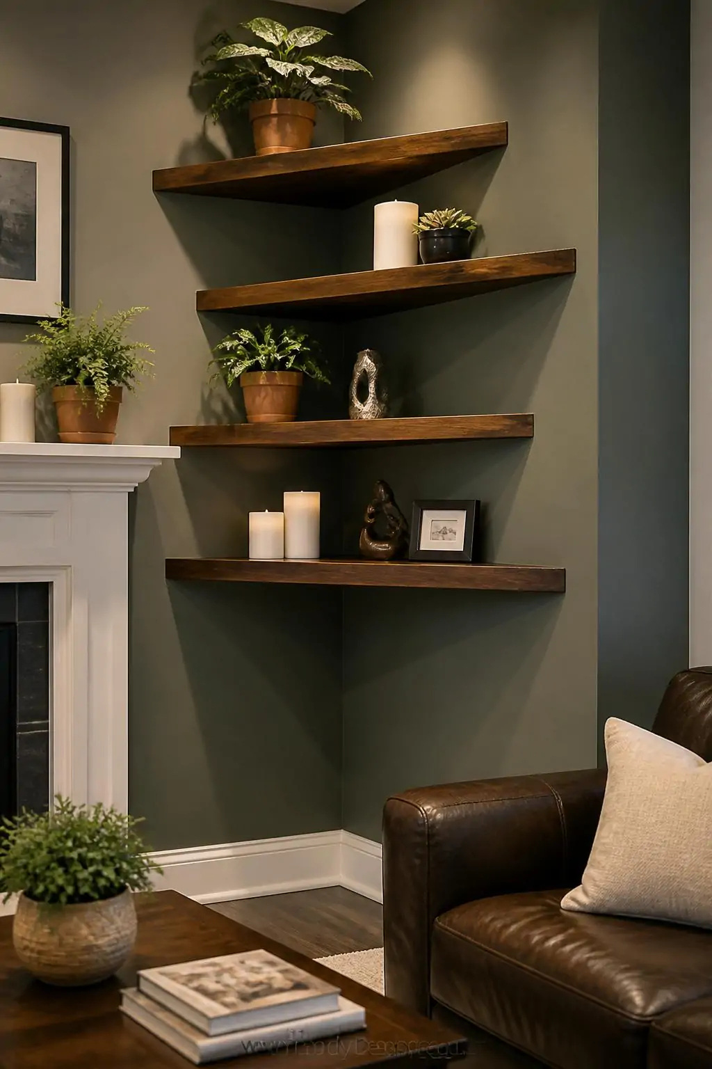 A medium photorealistic interior shot of a living room corner featuring a stacked set of four triangular floating wood shelve