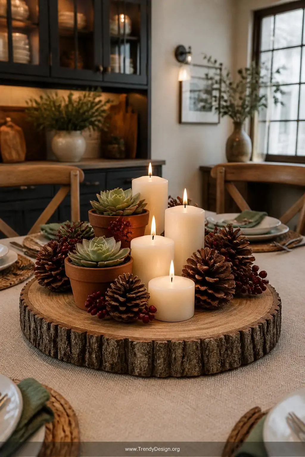 Medium shot of a farmhouse dining table centerpiece featuring one oversized natural wood slice base holding ivory pillar cand