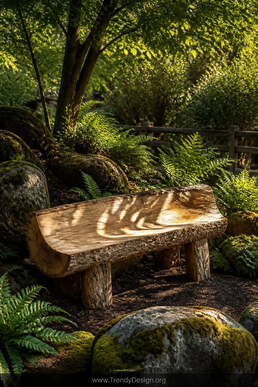 Wide outdoor shot of a woodland-style garden seating area centered on a raw halved-log bench with rough-cut bark edges and a 