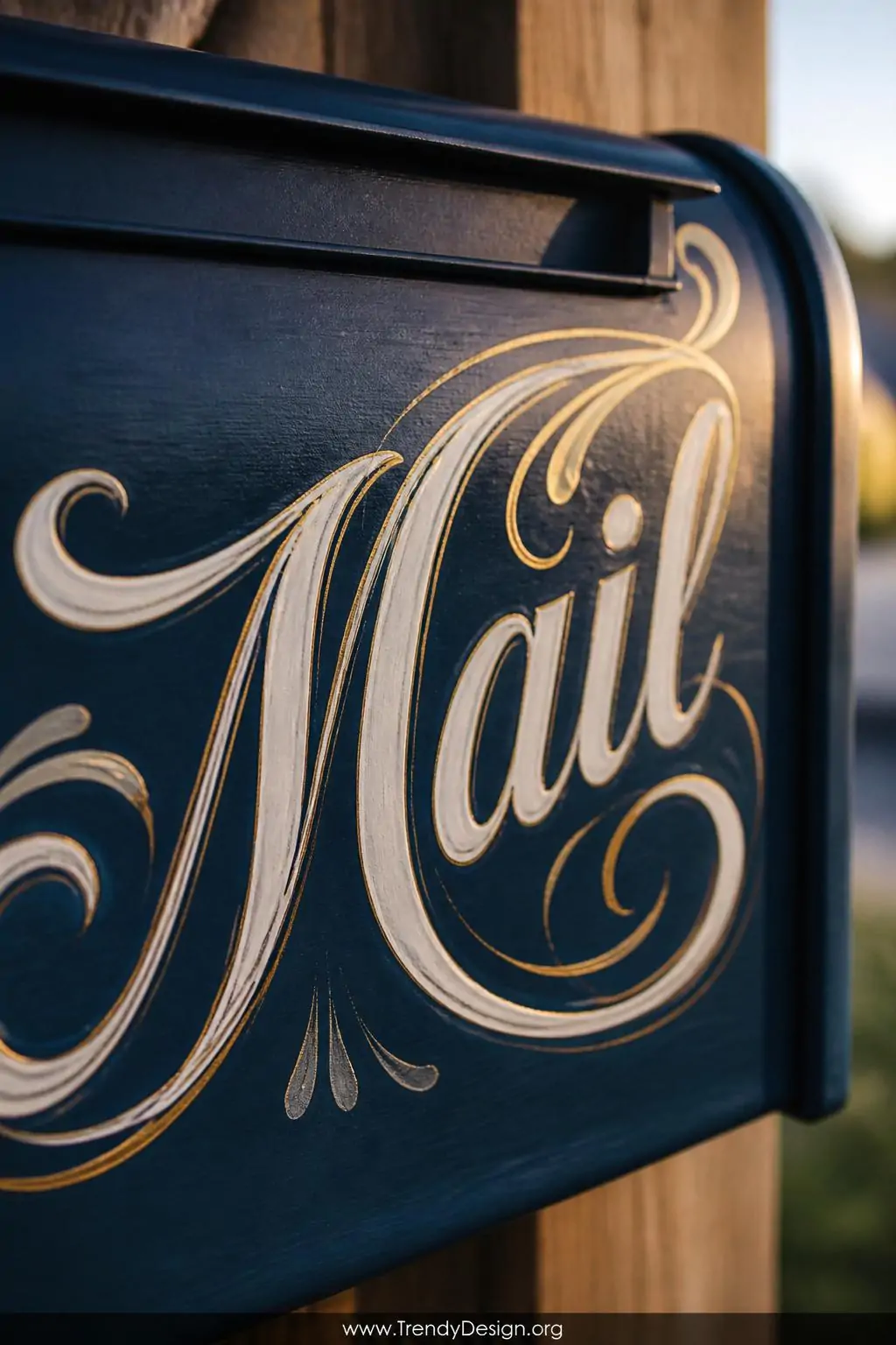 Extreme closeup of a mailbox face painted in deep navy with creamy white flowing hand-lettered script in a gorgeous calligrap