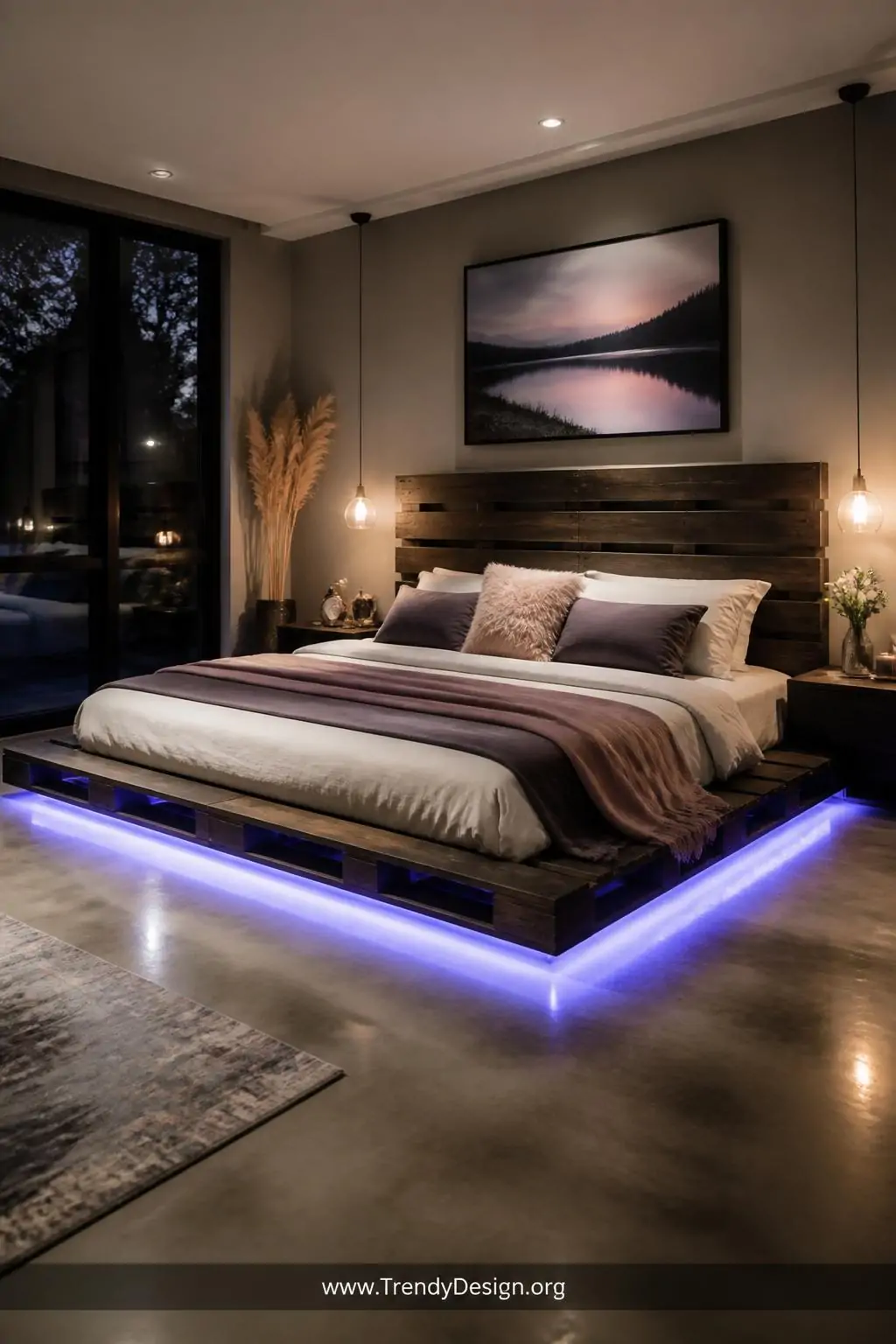Wide shot of a serene modern bedroom with a low platform bed frame assembled from four flat pallets side by side, topped with