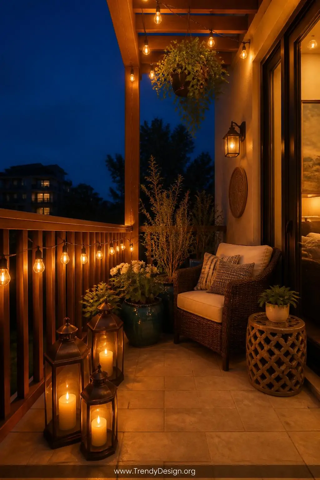 Wide shot of a small balcony at dusk draped with warm amber Edison string lights along the railing and overhead pergola, thre