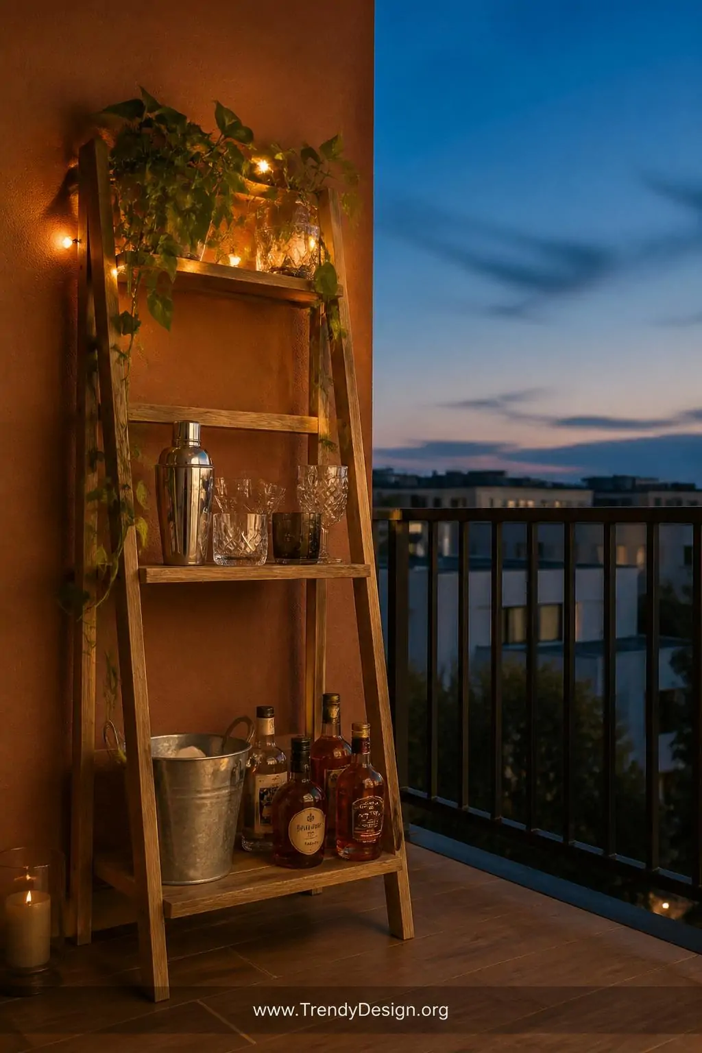 Wide shot of a natural wood leaning ladder shelf standing against a warm terracotta balcony wall, amber spirit bottles and a 