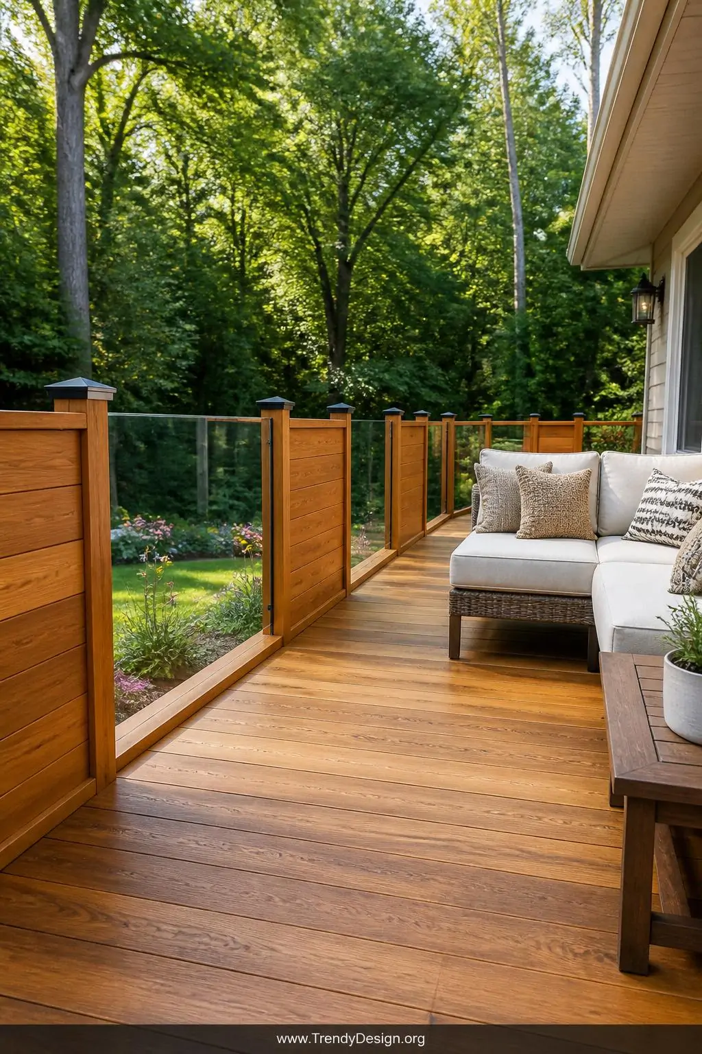 Medium-wide photorealistic deck scene showcasing alternating honey-stained cedar wood sections and crystal-clear plexiglass p