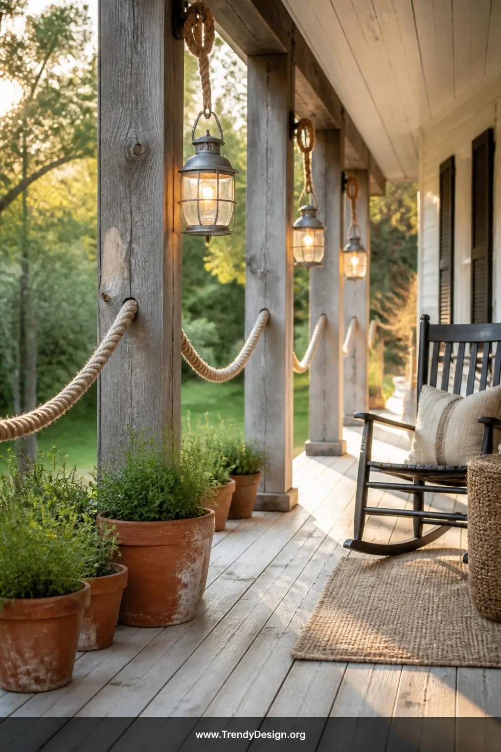 Wide photorealistic shot of a welcoming wraparound farmhouse front porch featuring chunky natural rope strung between weather