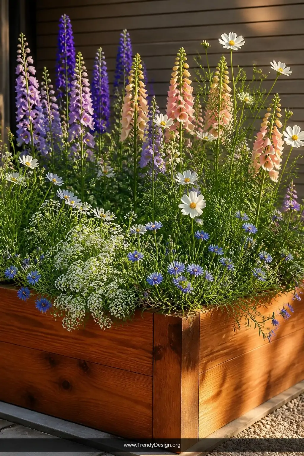 Medium photorealistic shot of a cedar raised bed with warm honey-brown timber planks, tall violet larkspur and blush foxglove
