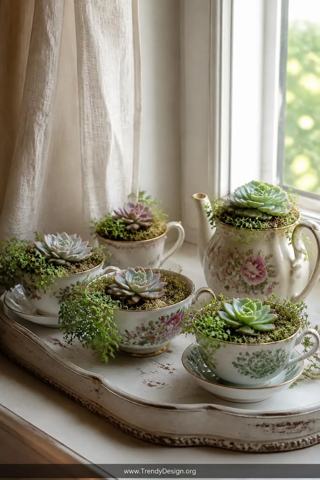 A styled windowsill vignette in warm morning light shows a grouping of five mismatched antique teacups and a rose-patterned p
