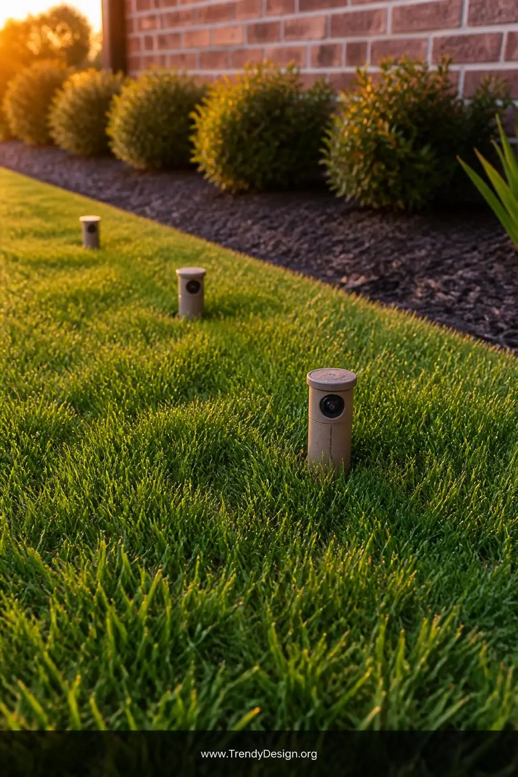 A medium shot of a manicured front lawn at golden hour, a realistic beige plastic sprinkler head emerging from lush green tur