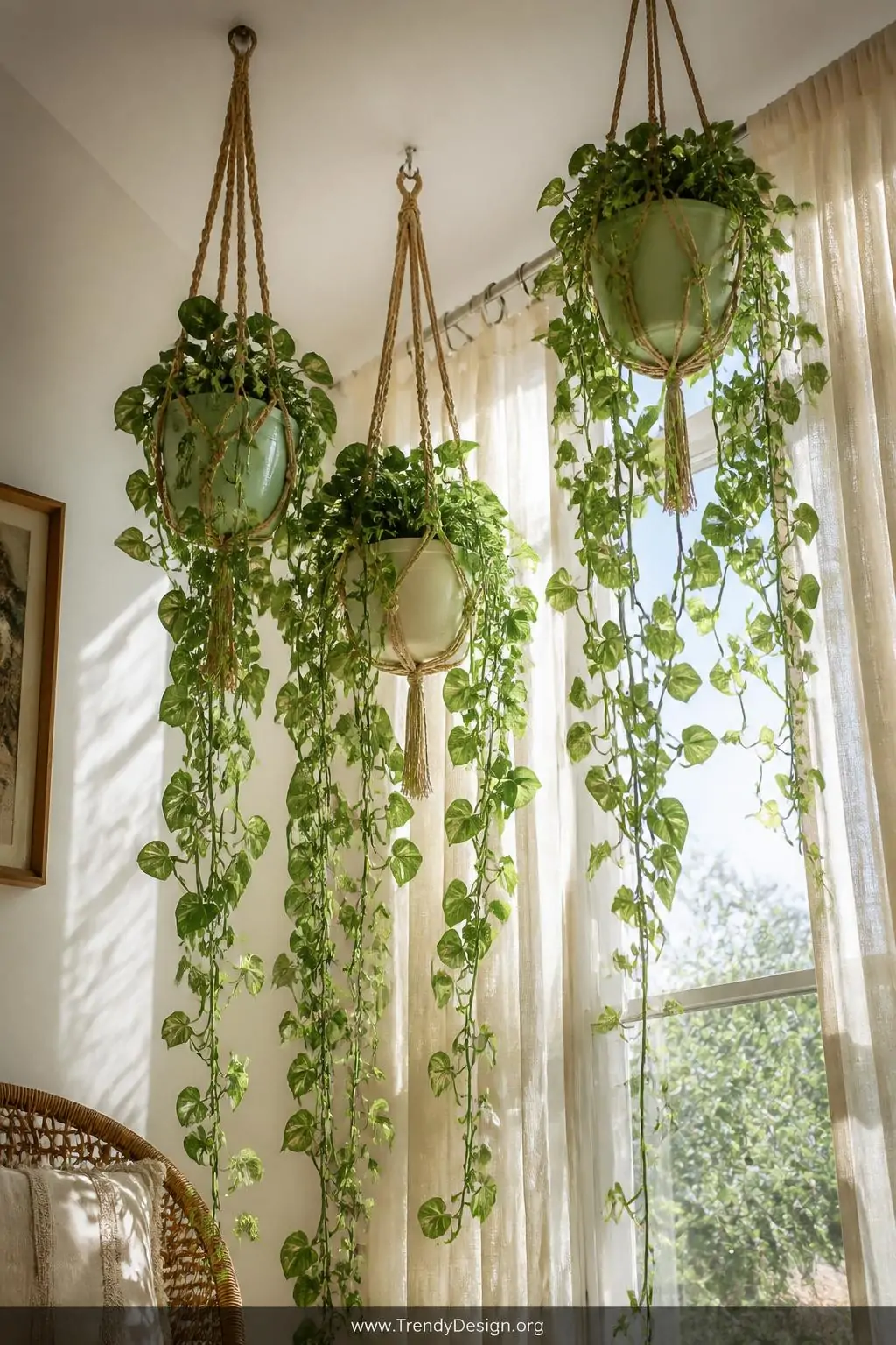 A photorealistic medium shot looking upward at a bright bohemian window nook where three trailing Pothos plants cascade drama