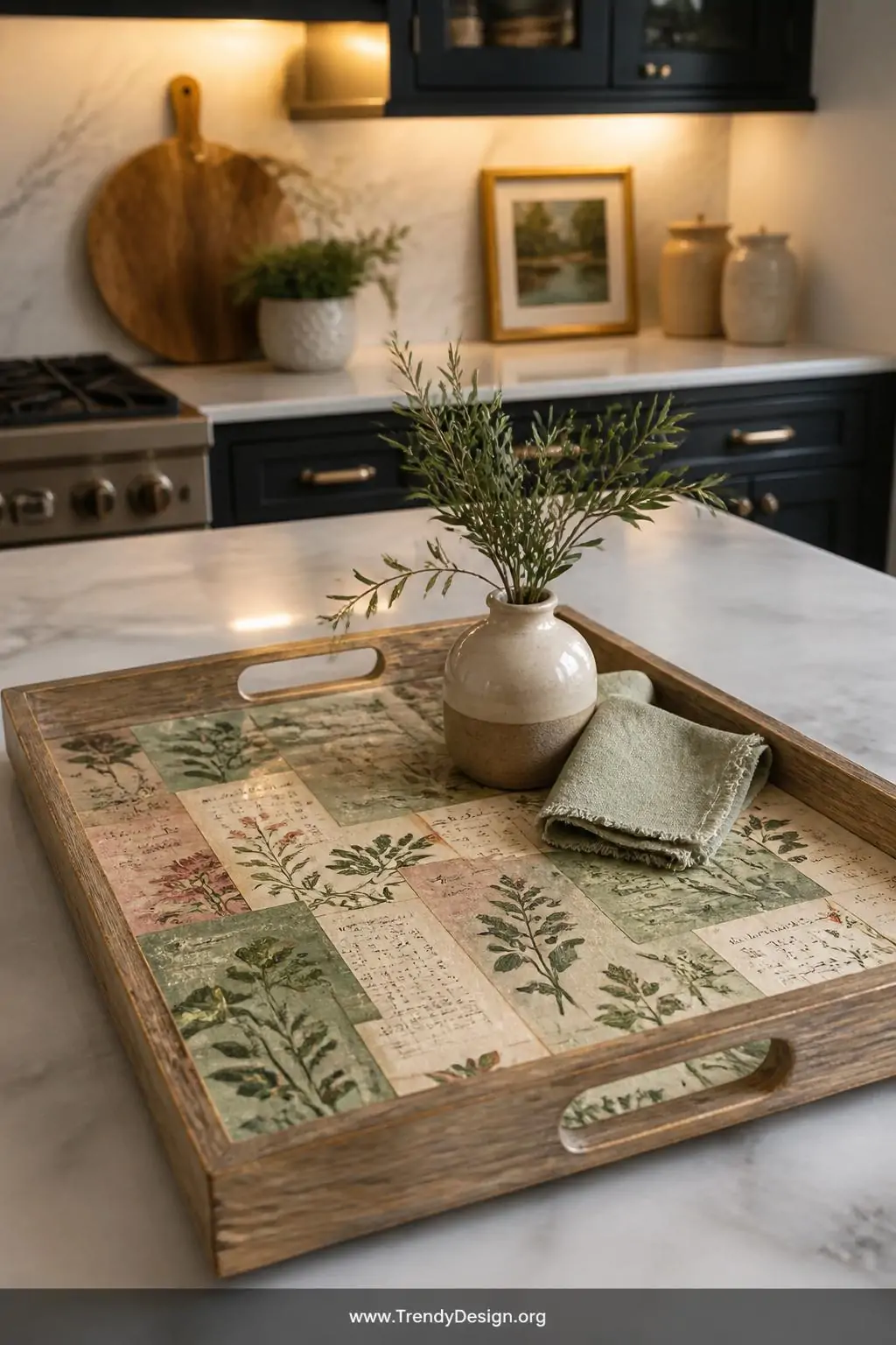 A weathered oak thrift-store tray sits on a marble kitchen island completely transformed with layered botanical calendar page