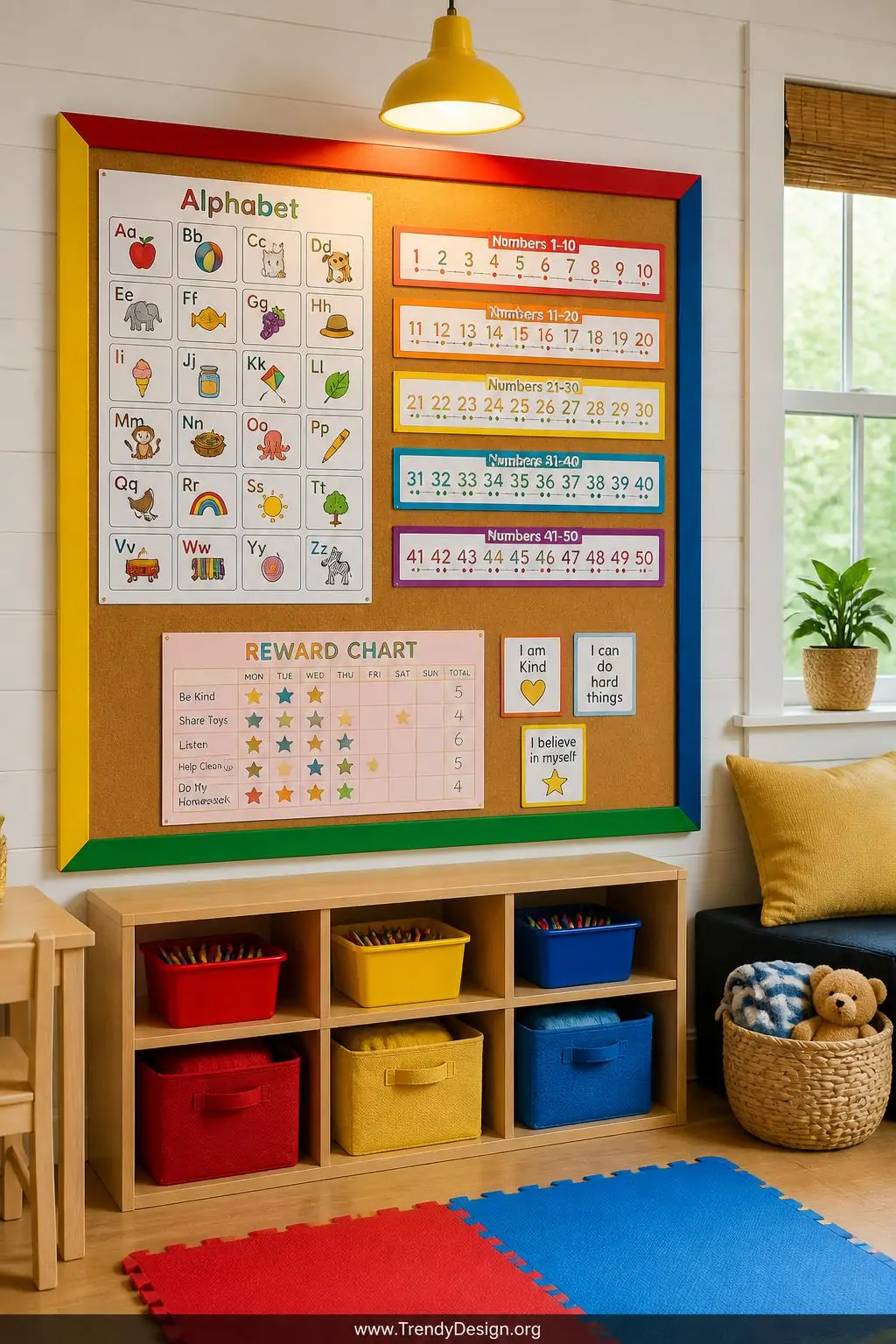 A wide photorealistic interior shot of a cheerful children's playroom corner showcasing a bright primary-colored corkboard mo