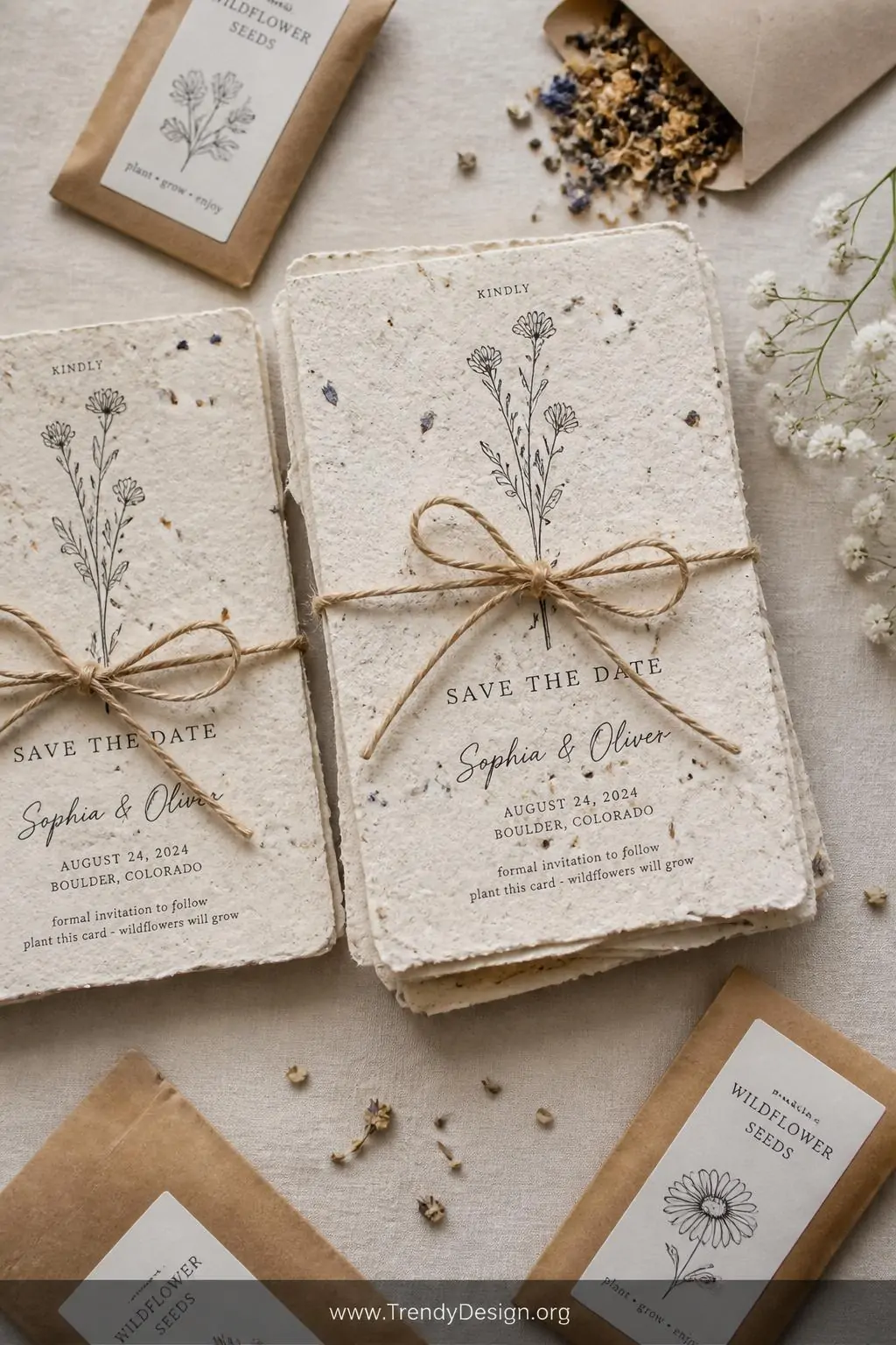 Medium shot of a flat lay arrangement on a linen-textured cream surface featuring handmade seed paper save the date cards in