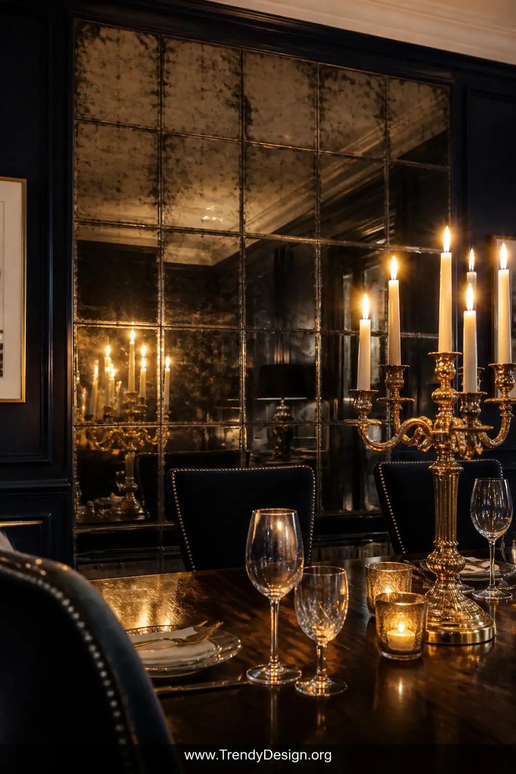 Close-up medium shot of a glamorous dining room accent wall covered in a grid of smoked antique mirror tiles with slightly ag