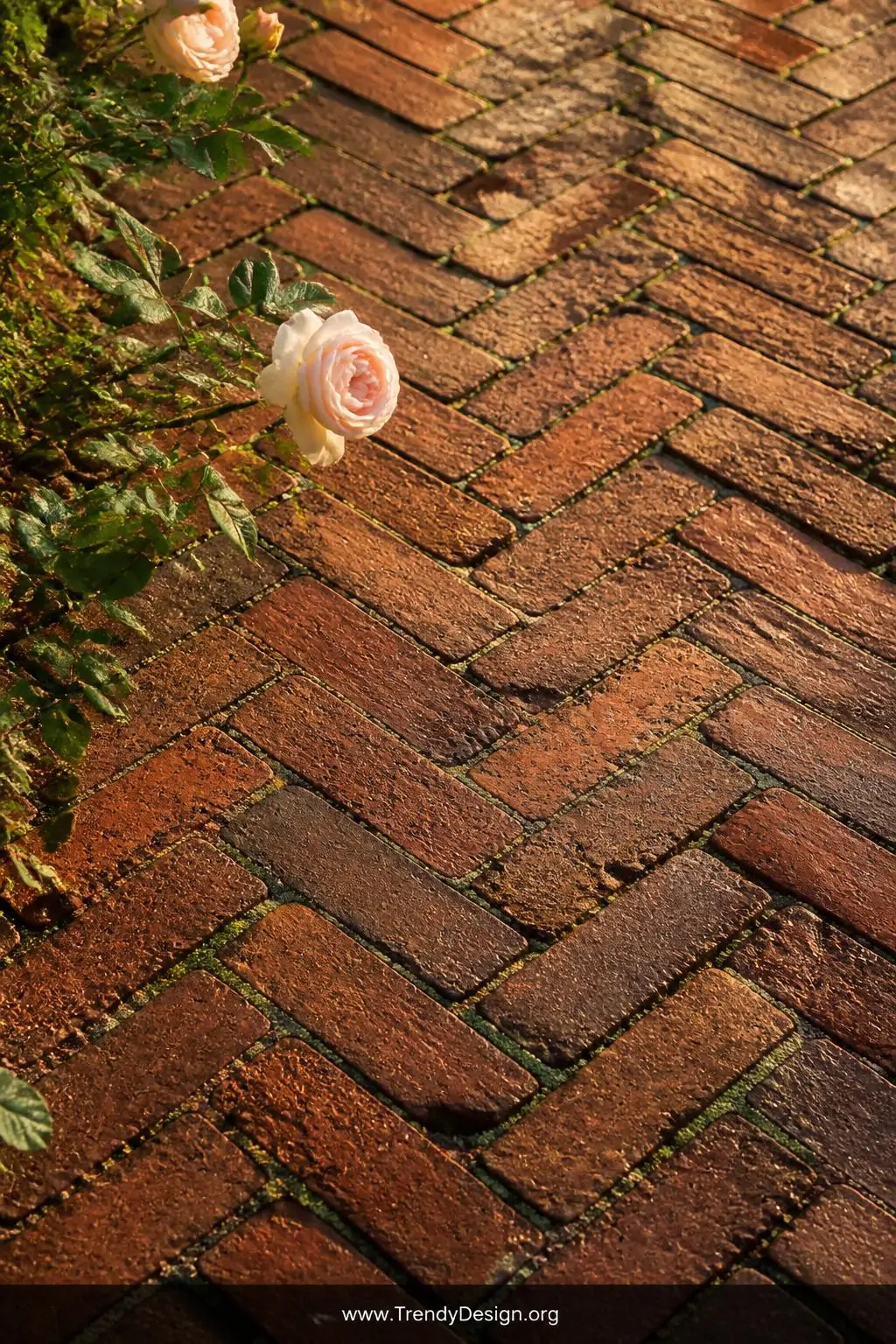 Close-up photorealistic detail shot of a stunning weathered reclaimed brick herringbone garden path, rich rust-red and burnt 
