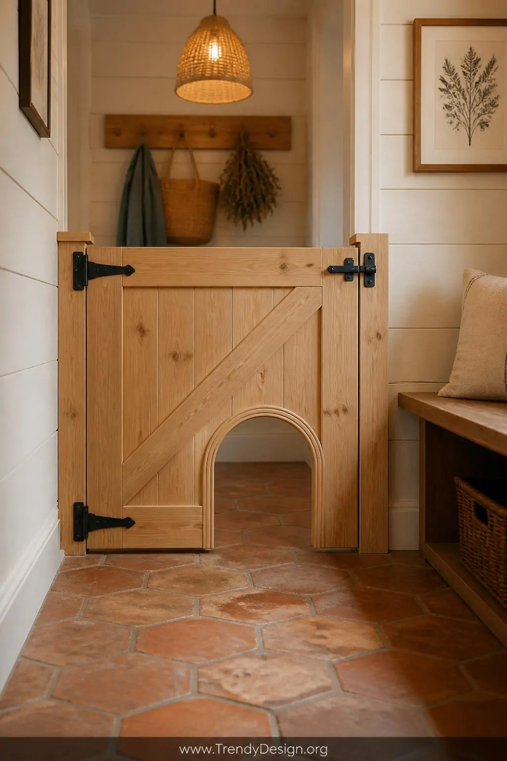 A warm farmhouse-style mudroom with shiplap walls painted in soft cream, a solid natural pine wooden gate featuring a smooth 