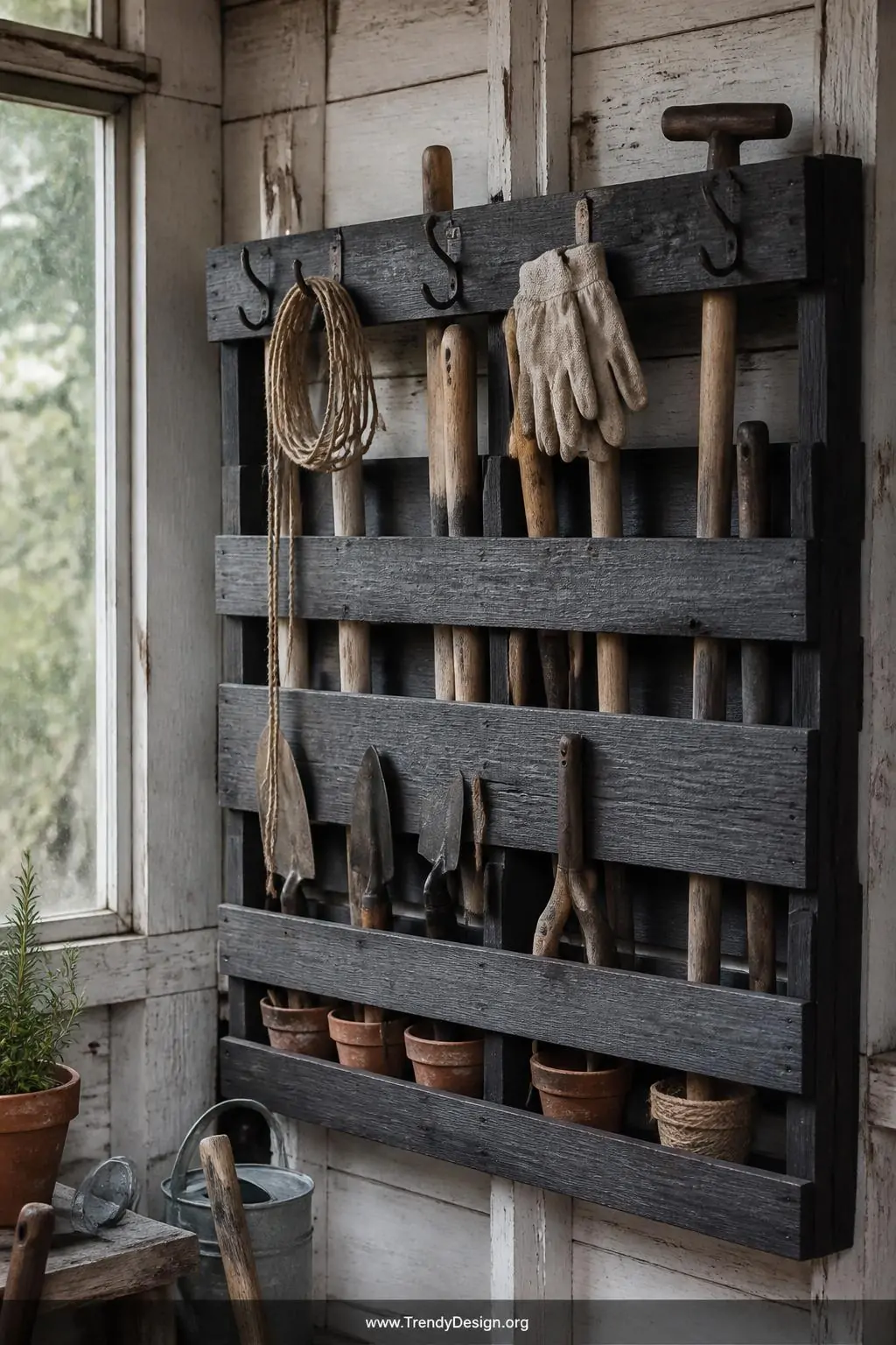 A medium photorealistic shot of a weatherproof-painted charcoal grey wooden pallet mounted flat against a whitewashed shed wa
