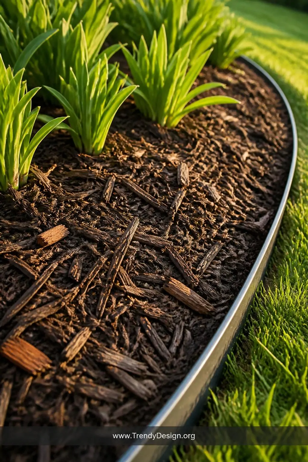 Closeup photorealistic shot of a thick three-inch layer of rich shredded hardwood bark mulch blanketing a curved garden bed, 