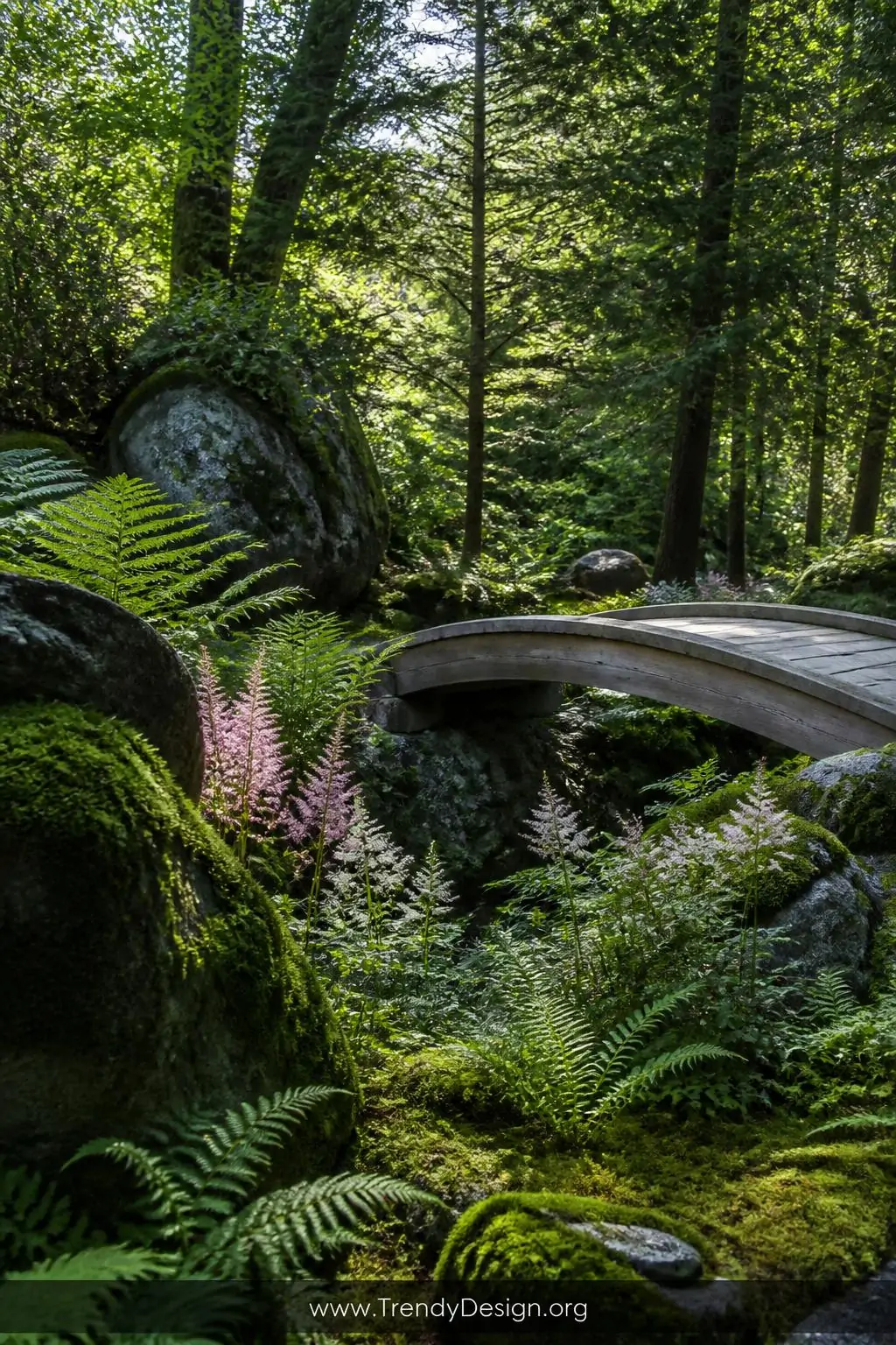 A wide atmospheric shot of a shaded woodland rain garden in soft dappled morning light filtering through a tree canopy, massi
