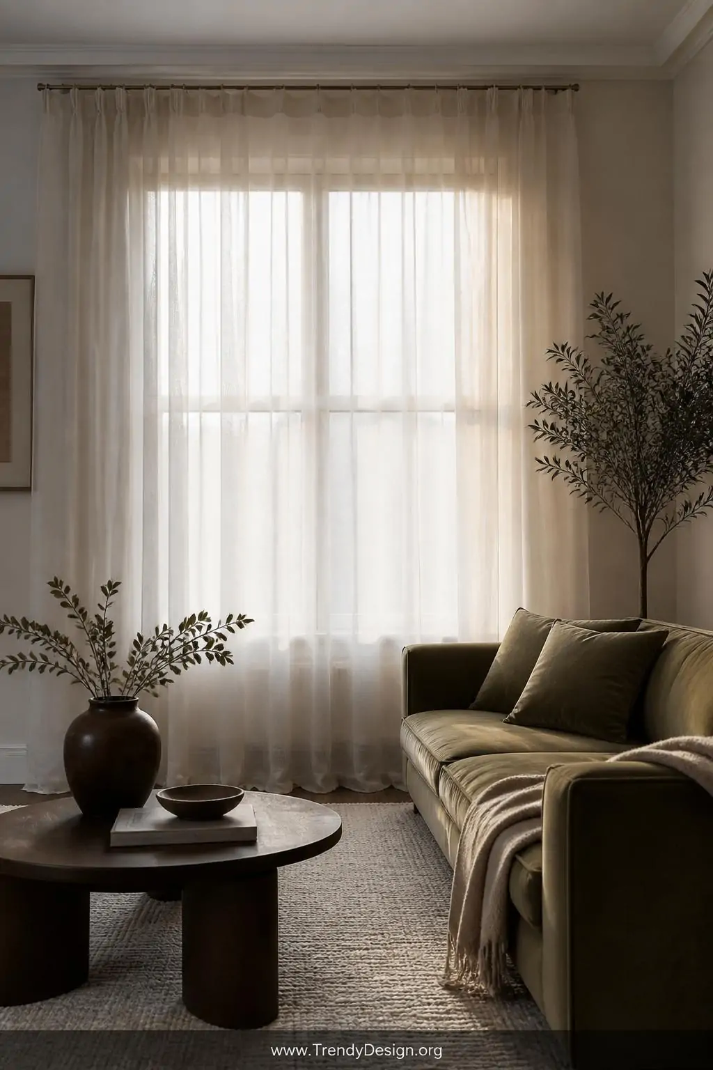 Medium shot of an elegant living room window dressed in two layered sheer panels of contrasting opacity, the denser inner lin