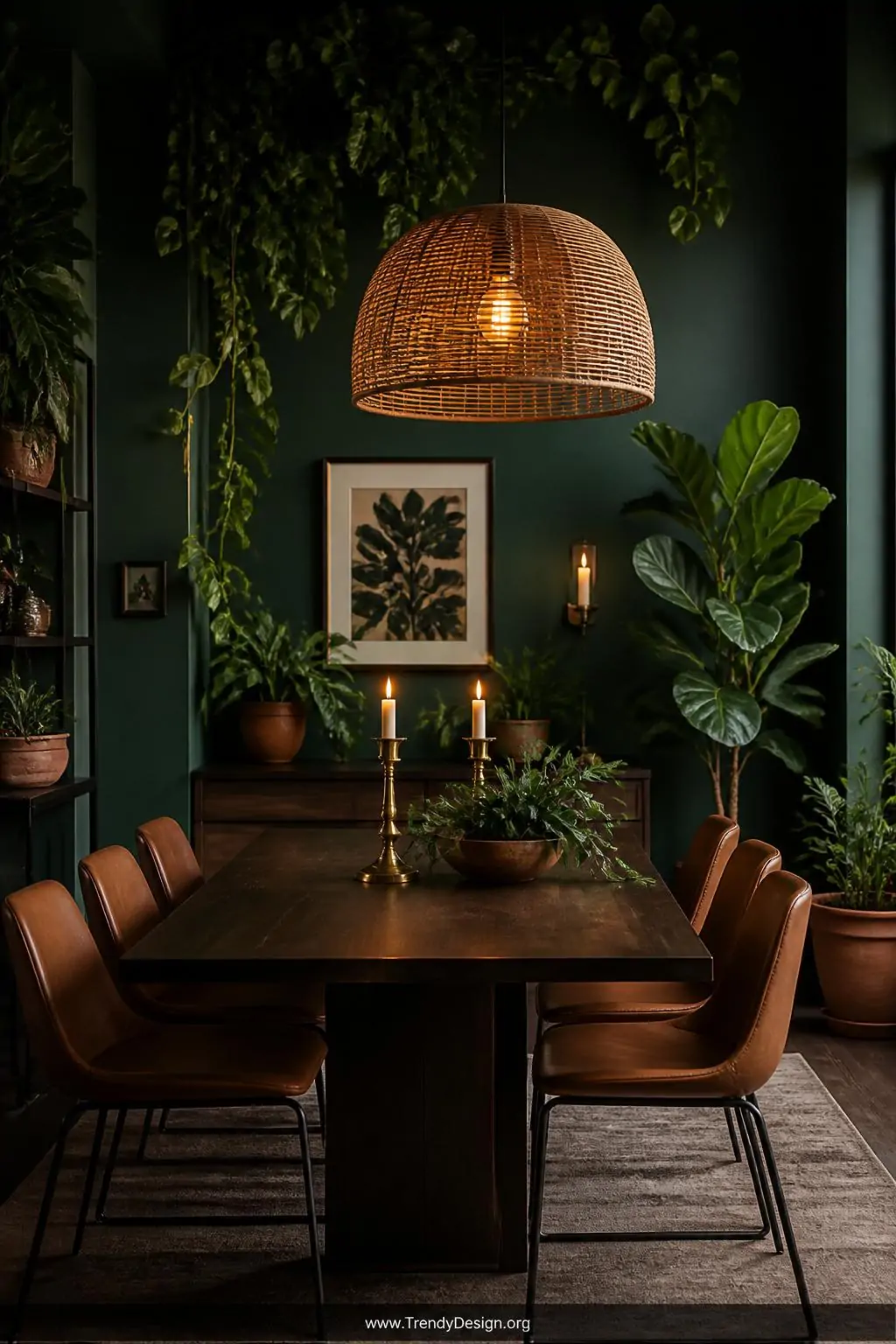 Wide shot of a dramatic dining room with deep forest green walls lush as a botanical garden, a curved rattan pendant lamp glo