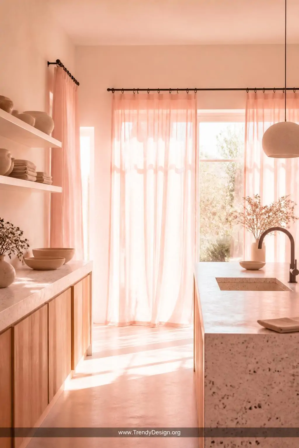 Photorealistic wide-shot airy kitchen flooded with diffused natural light filtering through blush-tinted sheer curtains clipp