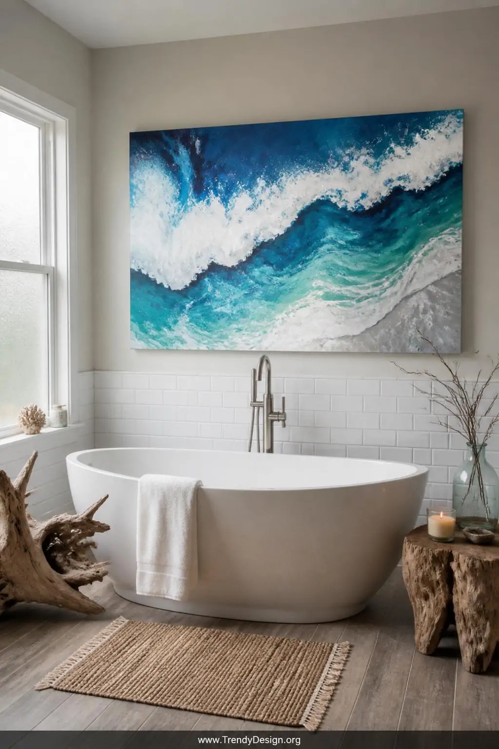 Wide shot of a serene coastal bathroom featuring a large horizontal acrylic pour ocean wave painting above a freestanding soa