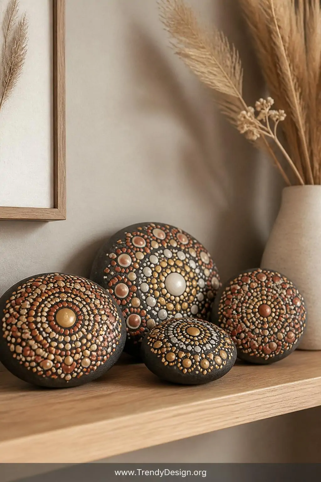 A closeup shot of several mandala-painted rocks arranged on a light oak floating shelf, featuring intricate circular dot patt