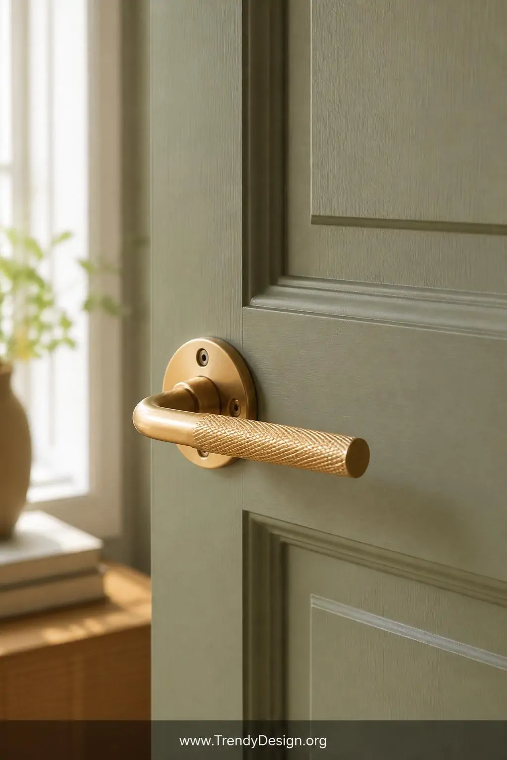 A close-up photorealistic detail shot of a freshly painted sage green interior door showcasing a beautifully installed unlacq