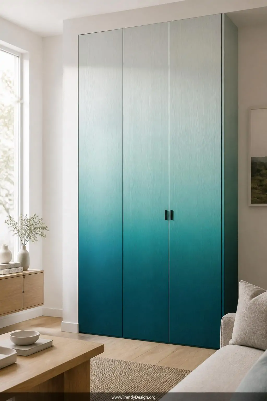 A wide-shot photorealistic interior design image of a tall wooden wardrobe featuring a seamless ombre gradient effect blendin