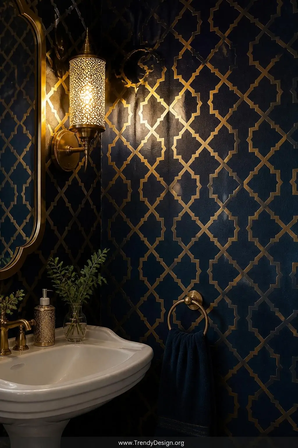 A closeup photorealistic shot of a powder room wall covered in an intricate navy and gold Moroccan lattice stencil pattern, t