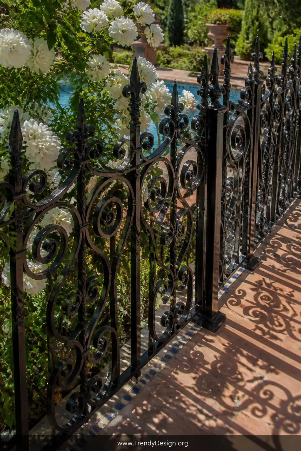 Closeup photorealistic detail shot of ornate wrought iron pool fencing with hand-forged decorative scrollwork finials painted