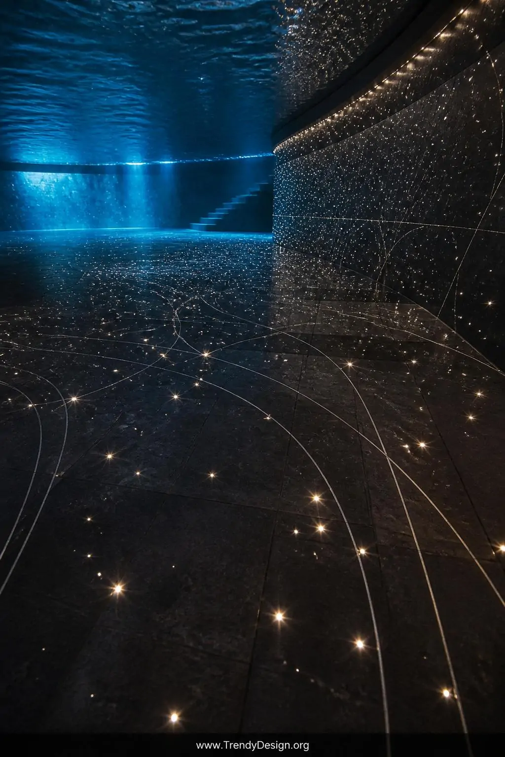 Closeup photorealistic shot of a dark luxury pool floor and curved wall embedded with hundreds of tiny fiber optic pinpoints 