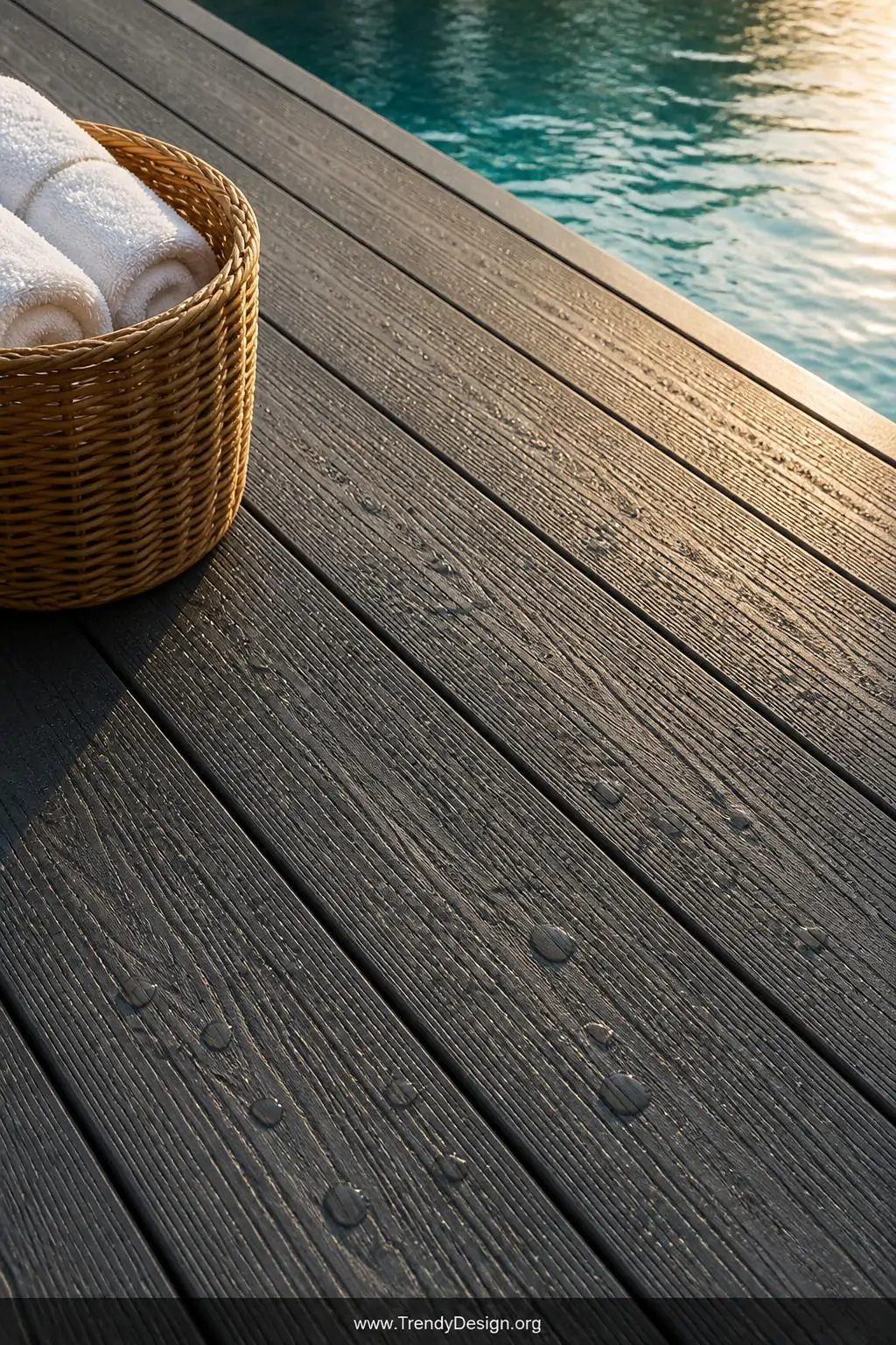 Closeup photorealistic shot of premium composite decking boards in rich charcoal gray with deep wood-grain texture, hidden fa