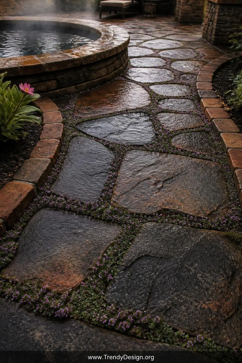 Close-up photorealistic shot of irregular flagstone pavers surrounding a hot tub deck, deep charcoal and rust-veined stone sl