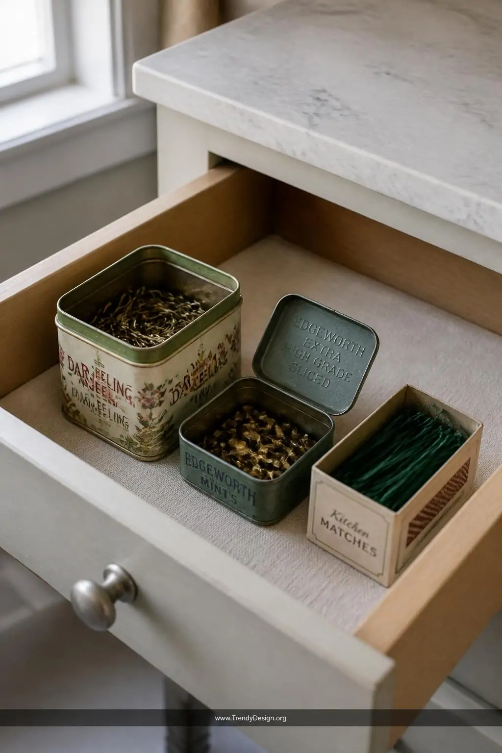 An intimate close-up of a shallow kitchen drawer interior where a vintage floral tea tin, a small hinged mint box, and a repu
