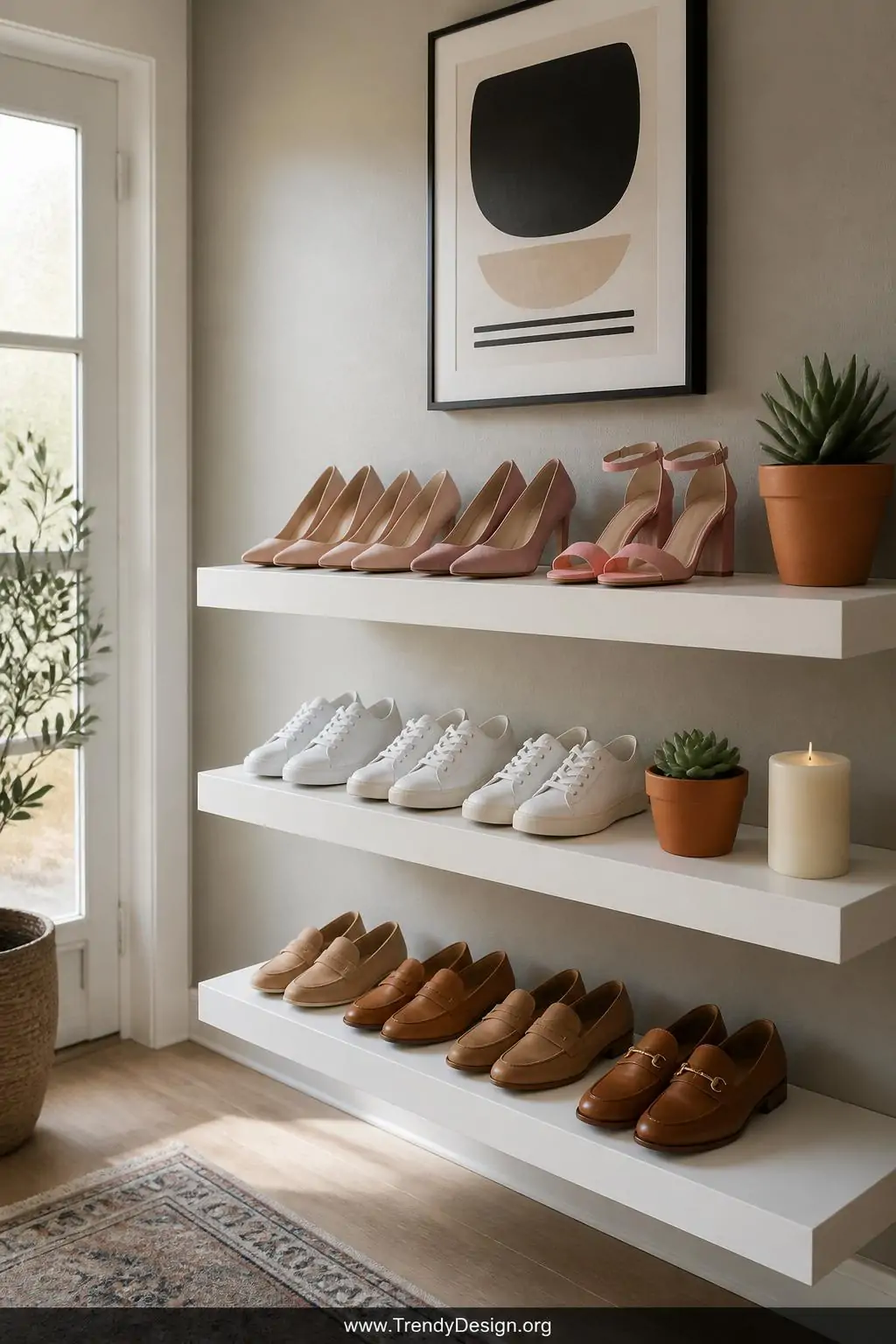 A white floating wall shelf display near a bright entryway arranges shoes by color in a boutique-style row — blush heels, whi