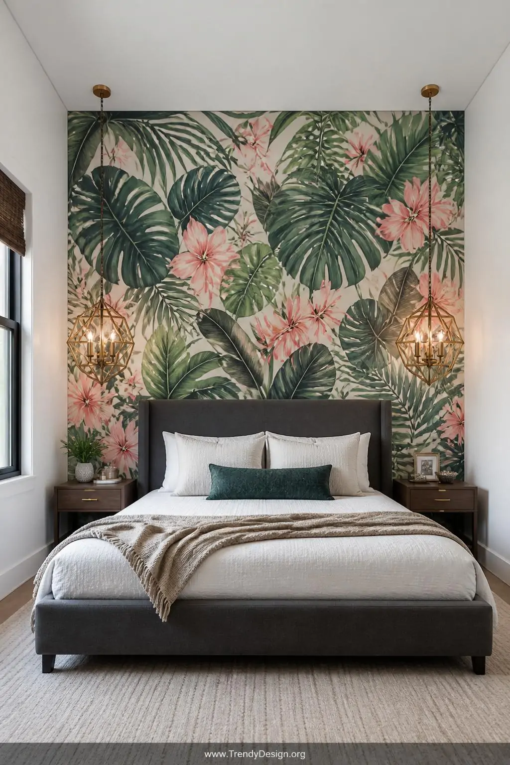 Wide-angle photorealistic interior design shot of a bedroom headboard wall dramatically covered floor-to-ceiling in bold trop