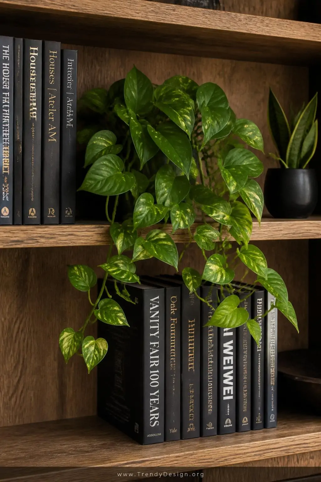 Close-up shot of a single bookshelf section where a lush trailing pothos drapes organically over the shelf edge between stack