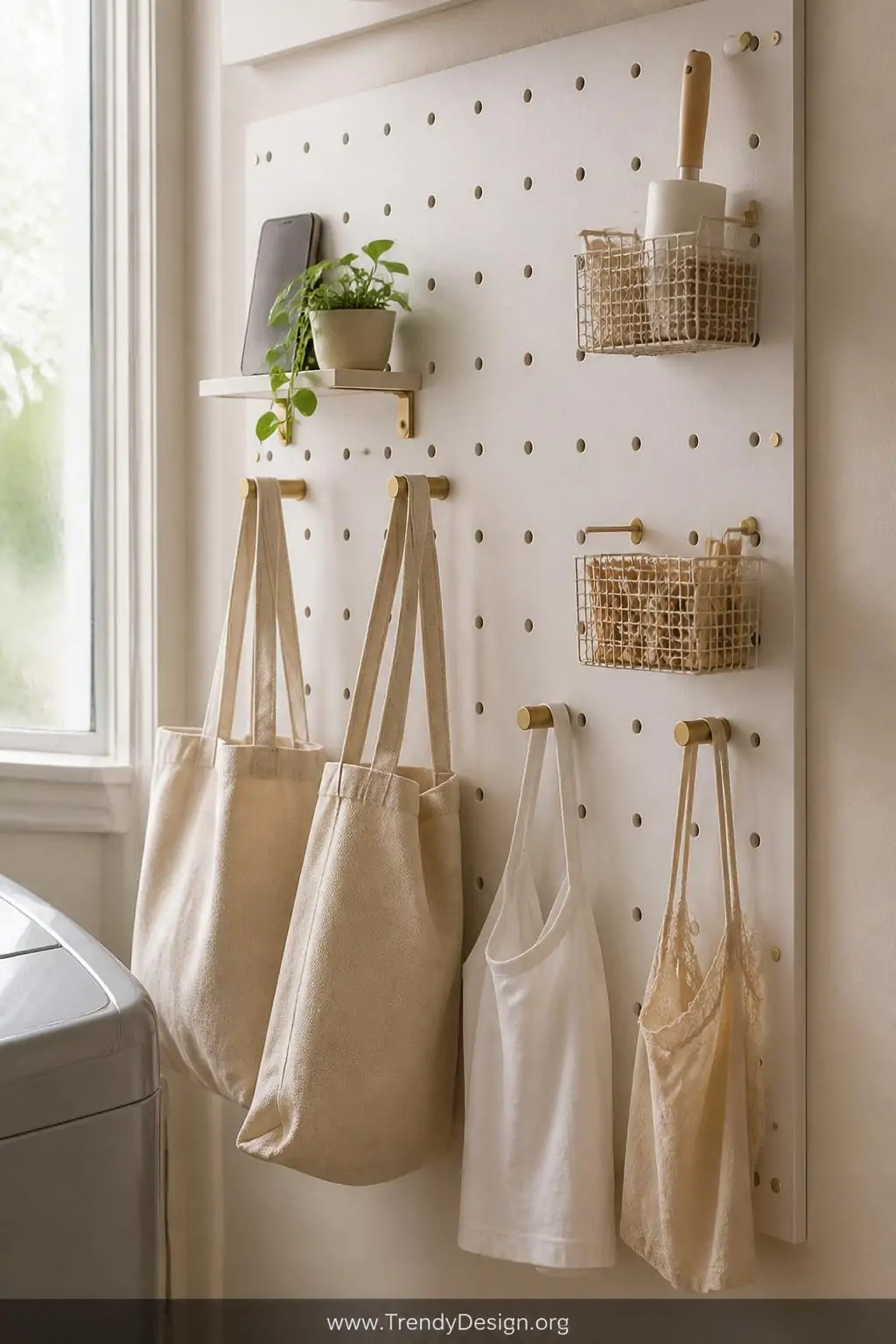 Closeup shot of a matte white pegboard wall panel mounted in a laundry room with a warm off-white painted surround, fitted wi