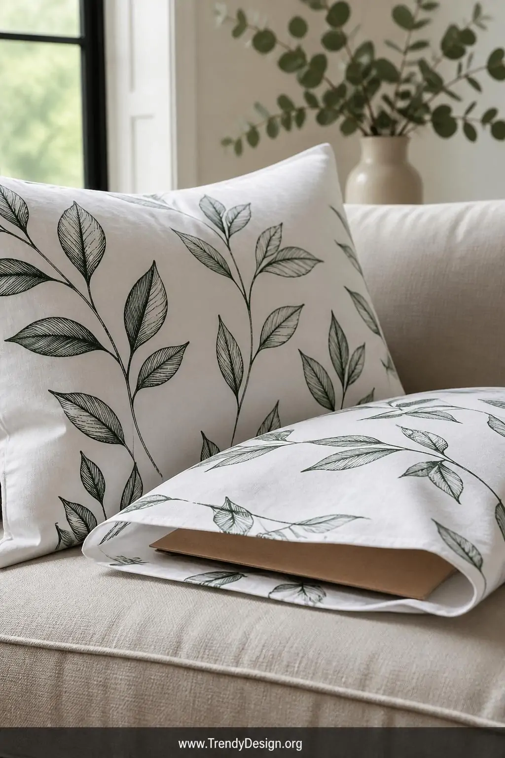 Closeup shot of a linen sofa styled with crisp white cotton pillowcases printed with a repeating botanical leaf pattern in de