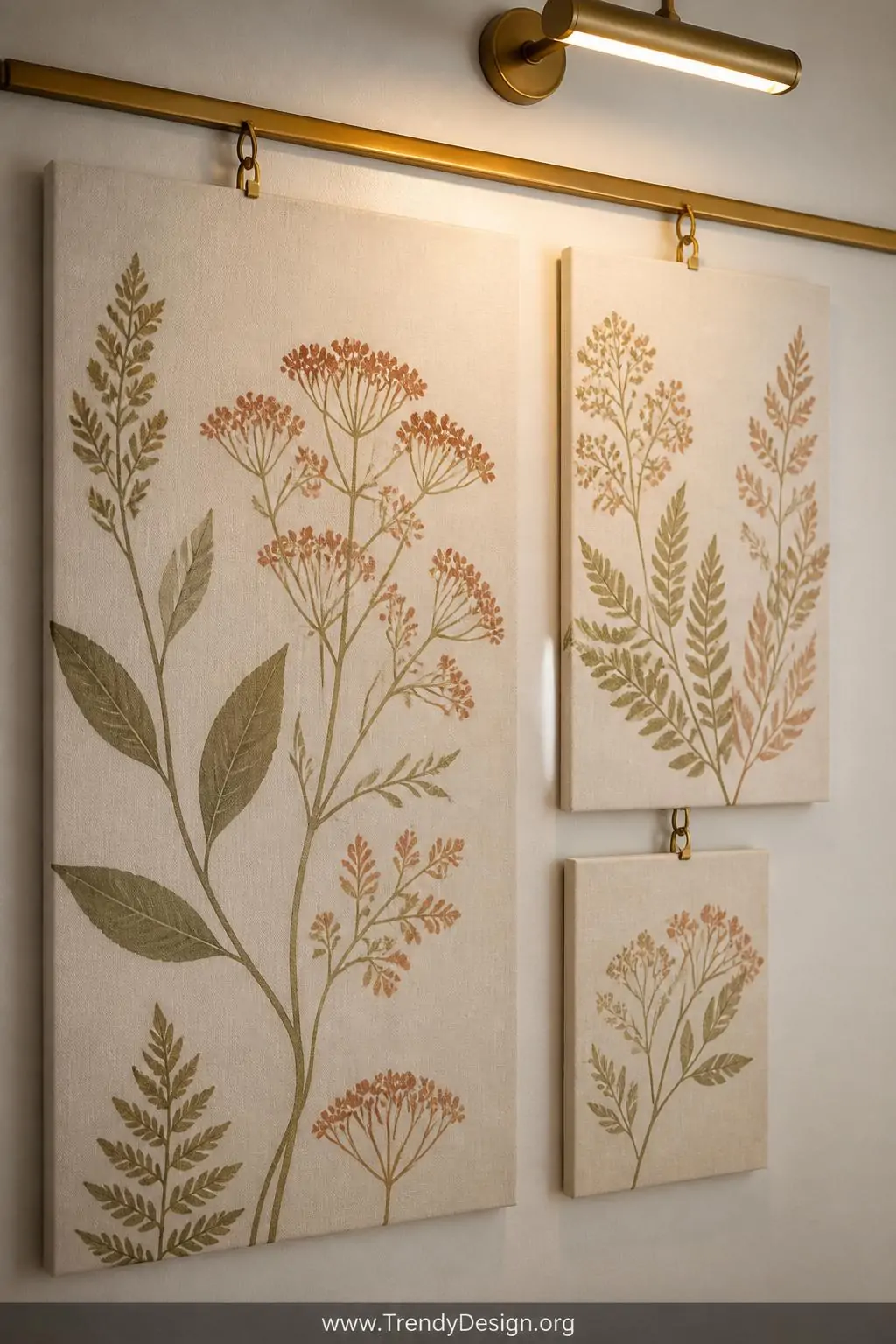 A close-up of a gallery wall section showing three stretched fabric art panels in varying sizes, each displaying delicate iro