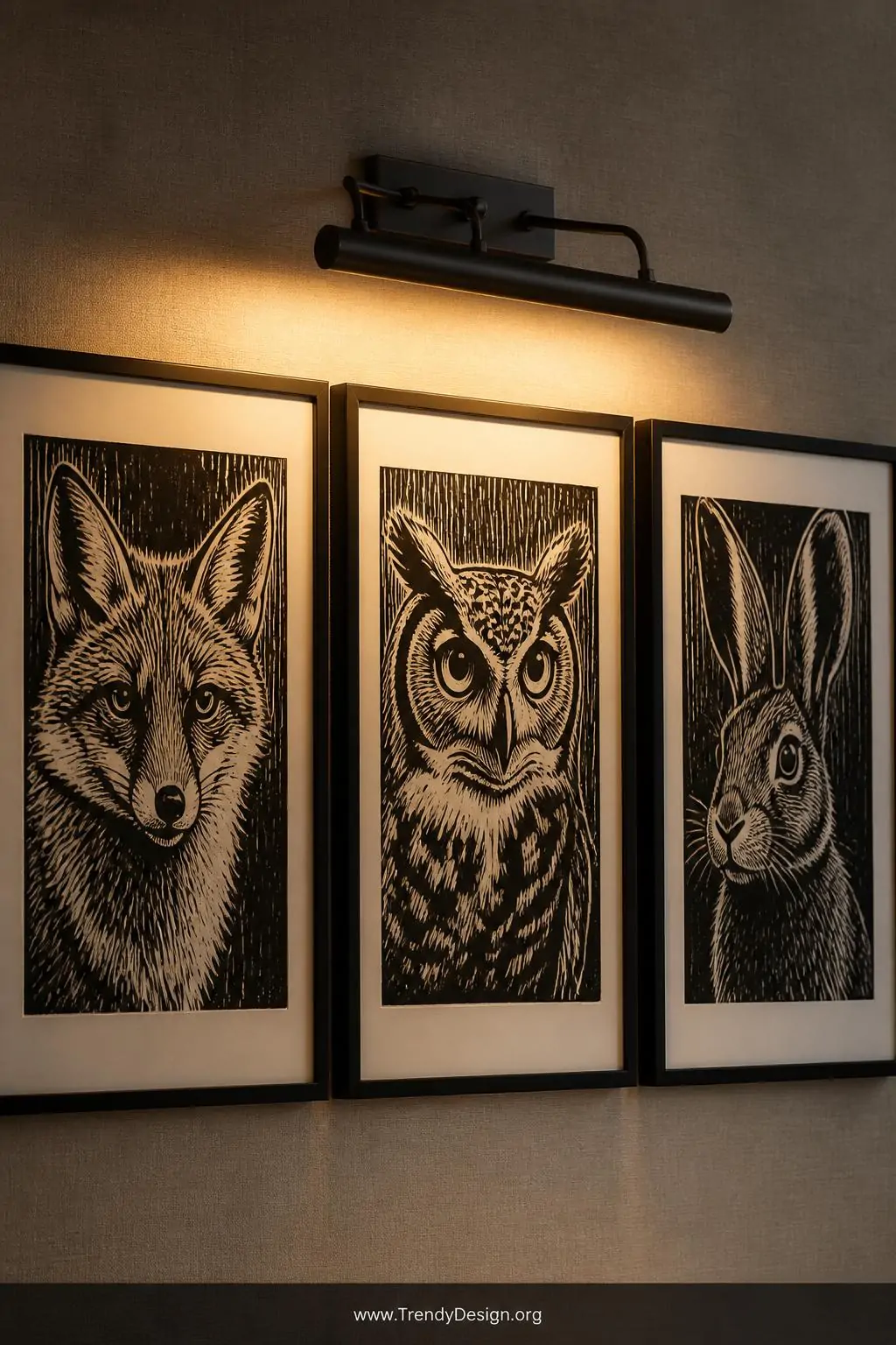 A close-up shot of three bold black-and-white linocut animal portrait prints — a fox, an owl, and a rabbit — in slim matte bl