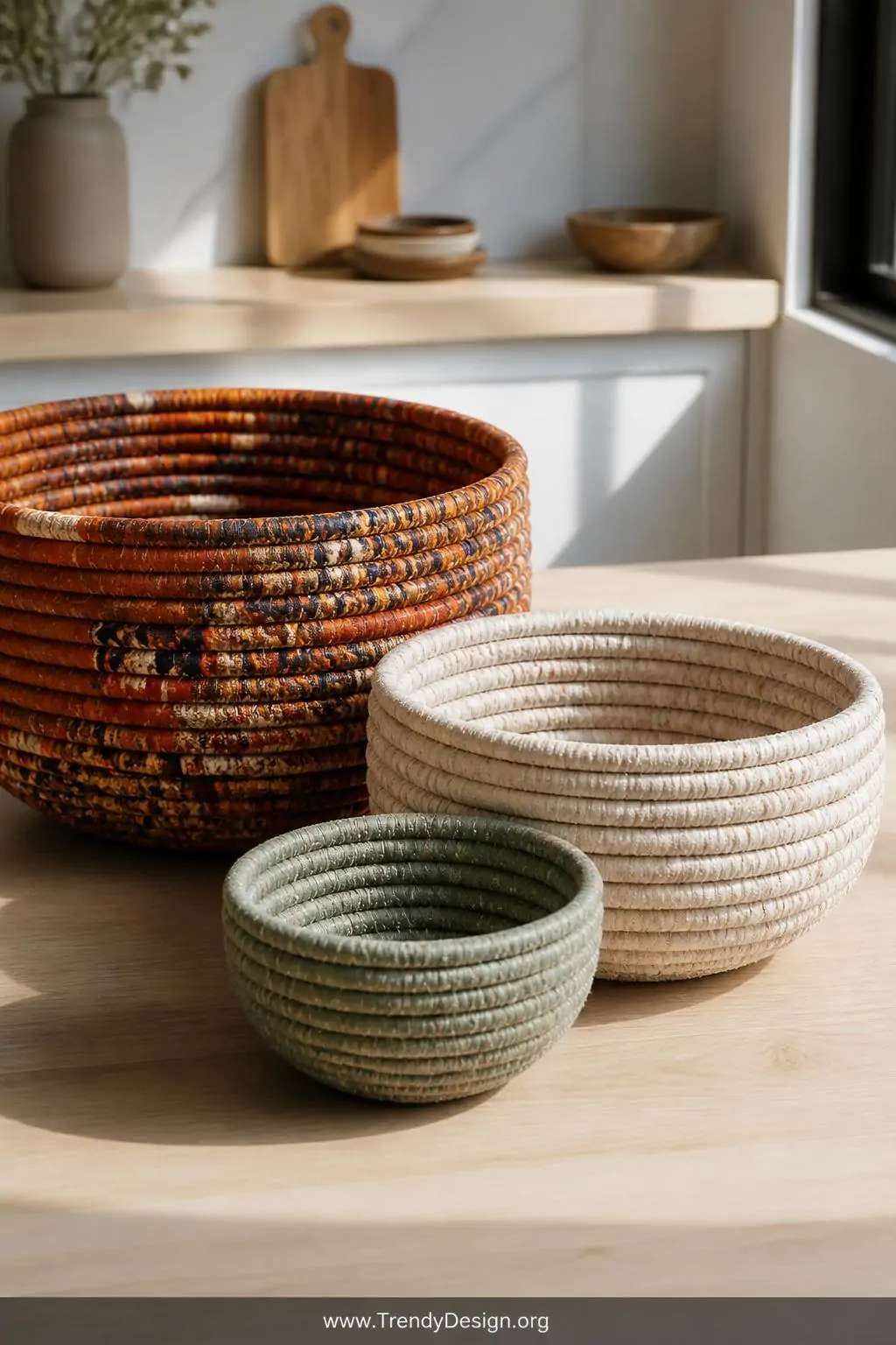 Closeup shot of three coiled rope bowl sculptures arranged in a tight descending size grouping on a pale oak kitchen counter,