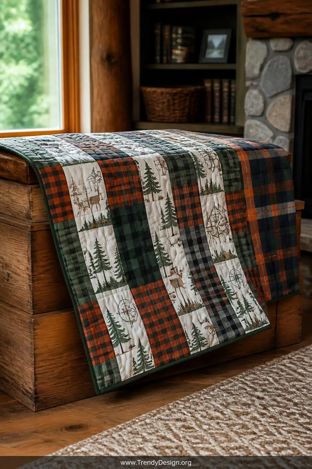 A closeup of a rail fence quilt draped over a rustic cedar chest, rotating strip blocks showcasing woodland flannel fabric pr