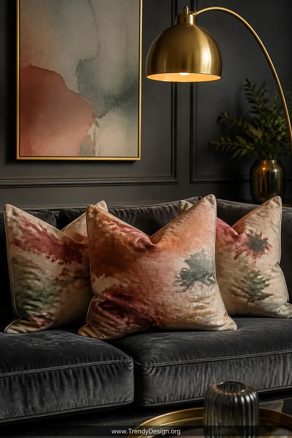 A closeup photorealistic interior design image of a styled couch vignette featuring three matching throw pillow covers in org